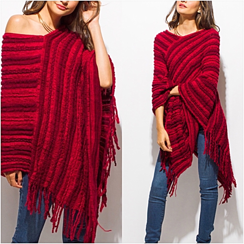 Soft Bohemian Red Fringe Poncho Sweater - Picture 3 of 7